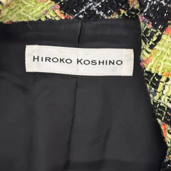 HIROKO KOSHINO Japanese Tweed Plaid Jacket Frayed Trim Velvet Collar Wool Blend - Picture 5 of 7